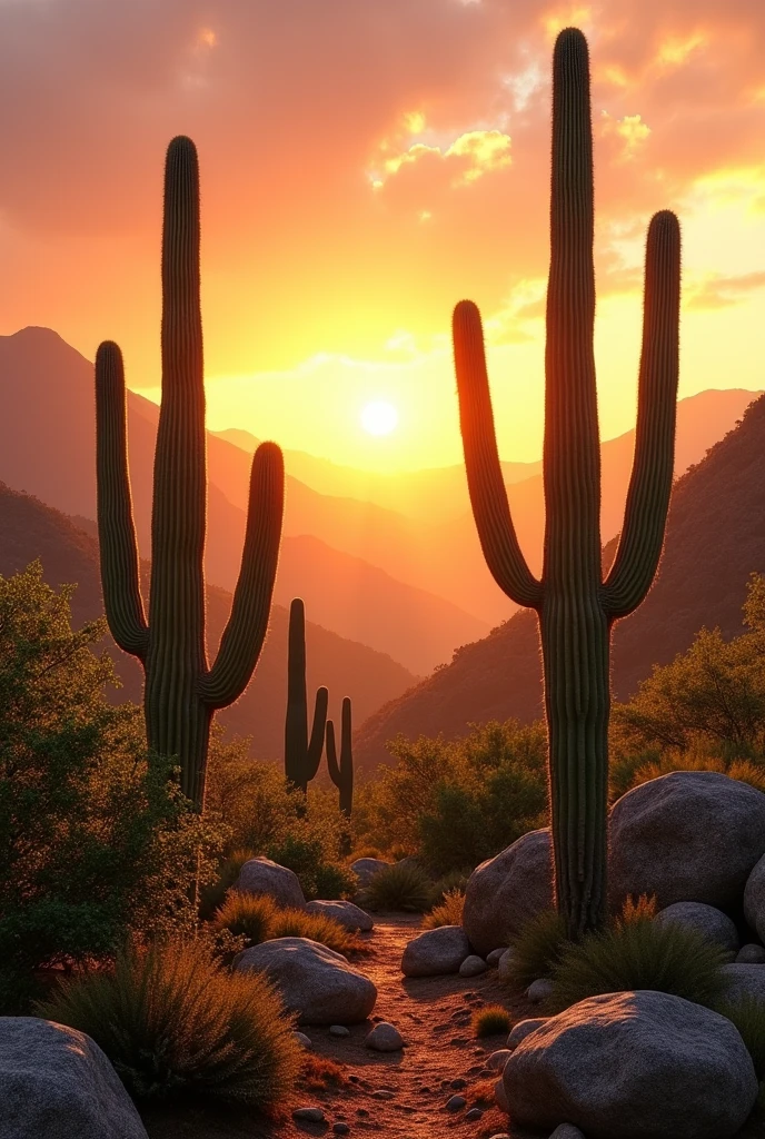 An image of northeastern Brazil with cacti and vegetation of the region, at sunset with mountains with orange and brown tones, without people