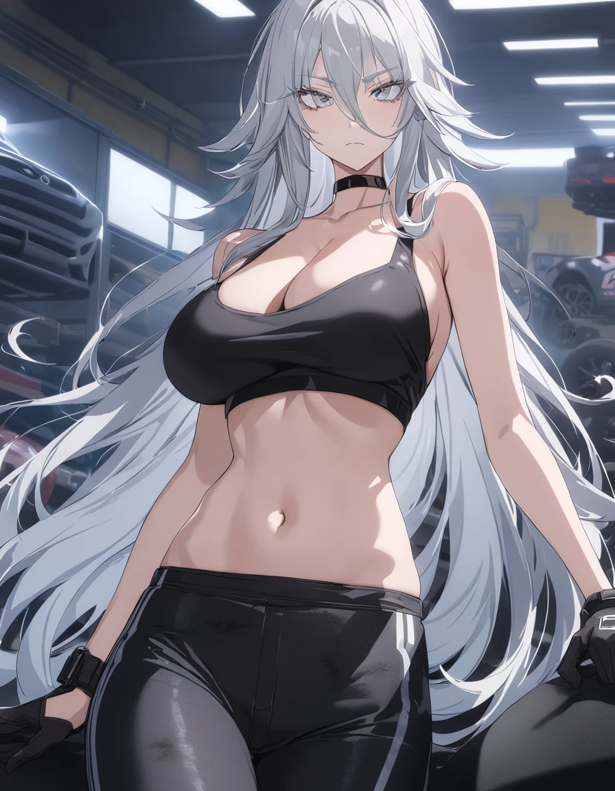 sovetsky_Soyuz, grey hair, long hair, crop top, black gloves, sponsors, black racing pants, dirty, midriff, choker, headphones, music, Cleavage, large breasts, first rate breasts, busty, grey eyes, sharp eyes, Long eyelashes, symmetrical eyes, eye shadow, ominous vibe, expressionless, stoic, relaxing, Ultra quality, UHD, high detail, anime aesthetic, Anime screenshot, Ultra quality, UHD, high detail. Garage, drift cars, mechanic wworkin