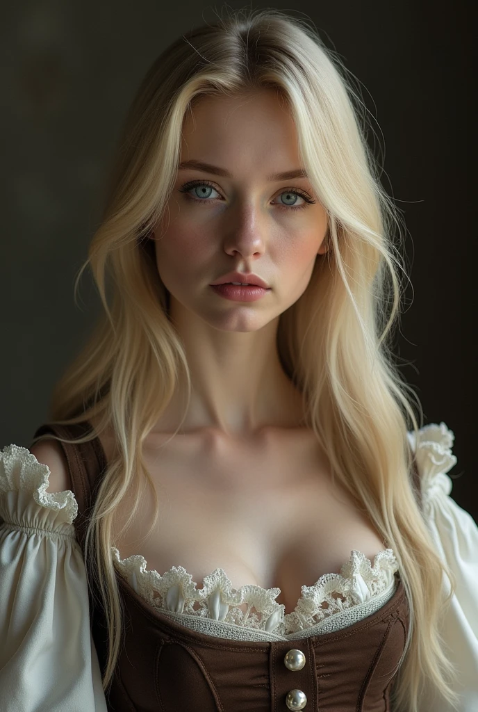 (photorealism:1.2) 29 year old woman, blonde, dark blue eyes, dressed in a war crinoline, pale, slightly red lips, long hair, straight hai