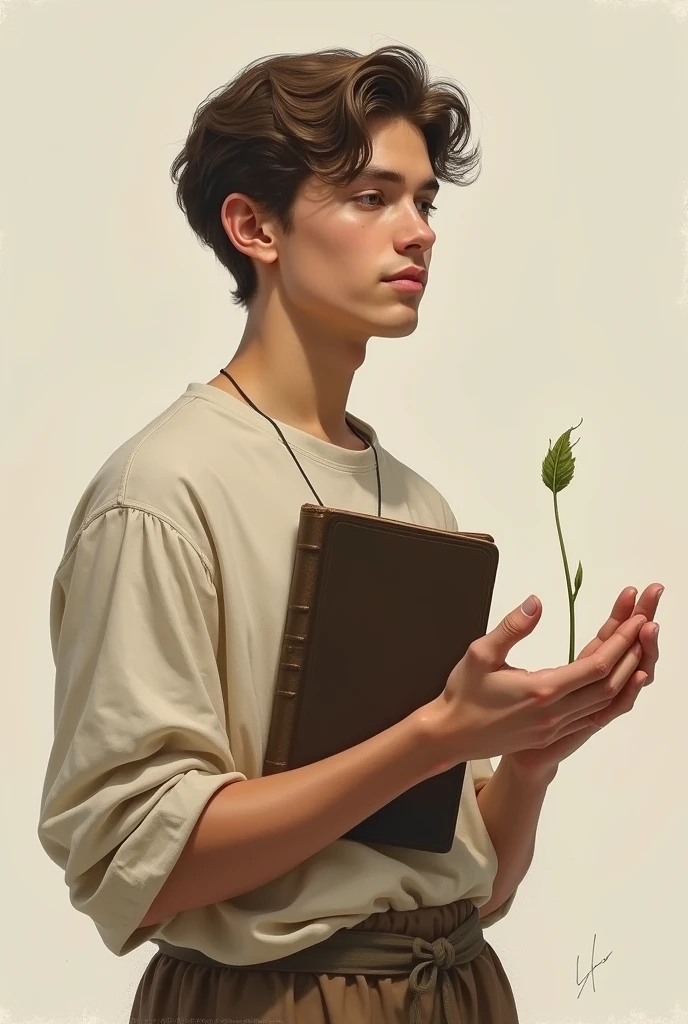 Drawing of a young man with a bible in one hand and a seed in the other 