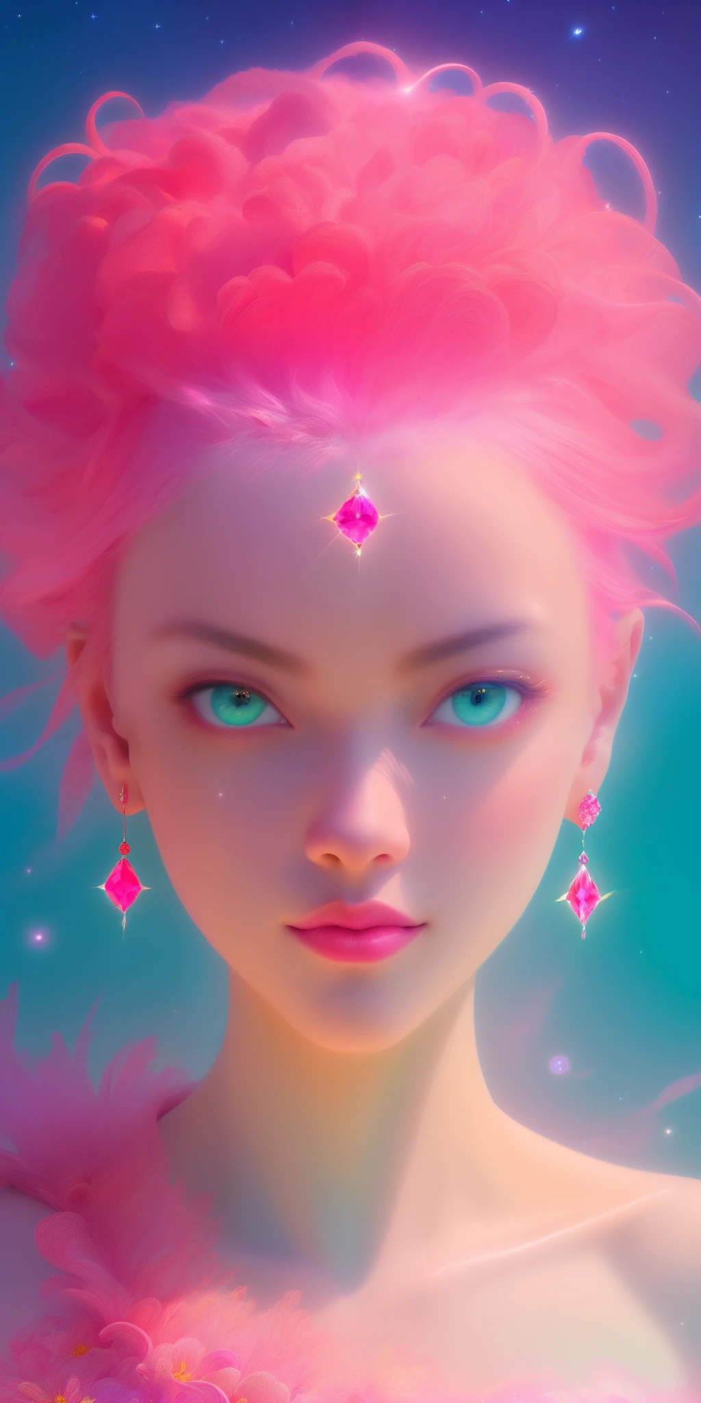 (best quality, ultra-detailed, photorealistic: 1.39), bright and vibrant colors, studio lighting, Red moon, sky shooting stars, soft azure clouds, sparkling, sparkling neon green ocean waves, pink roses in the pink ocean, fantasy, diamond, crown, universe, soft lights,
