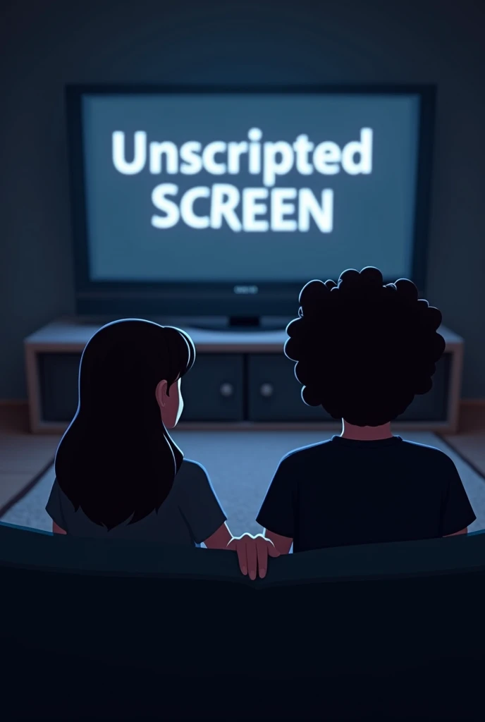 Create an animated style image for a YouTube channel, where two people, a woman with bangs and a man with curly hair, watch and react to series. On the television put written "Unscripted Screen". With dark lighting and black clothes.