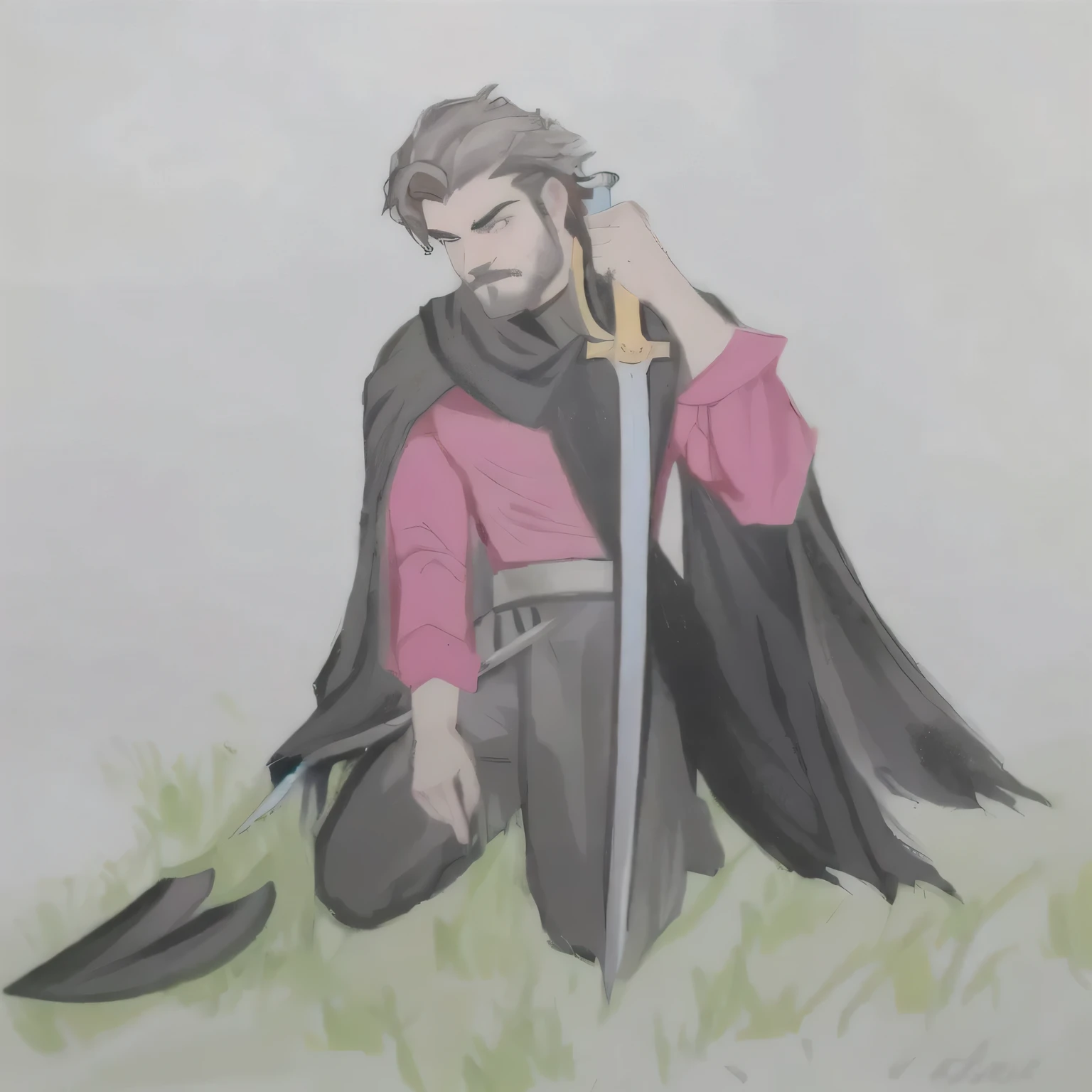 painting of a man with a sword and a red shirt on his knees and a torn black cape,, while holding an epée, inspirado em Robert Walker Macbeth, holding an epée, holds a sword, full colourful drawing, a portrait of the character, holds a sword negra, colourful drawing, as a medieval fantasy character, official fanart, man with scythe, character painting, colourful drawing, inspired by Altoon Sultan