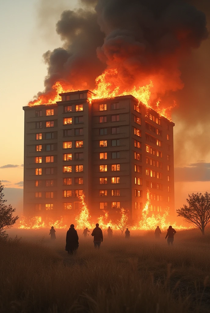 A 20-story building burning in a brown grass and people fleeing