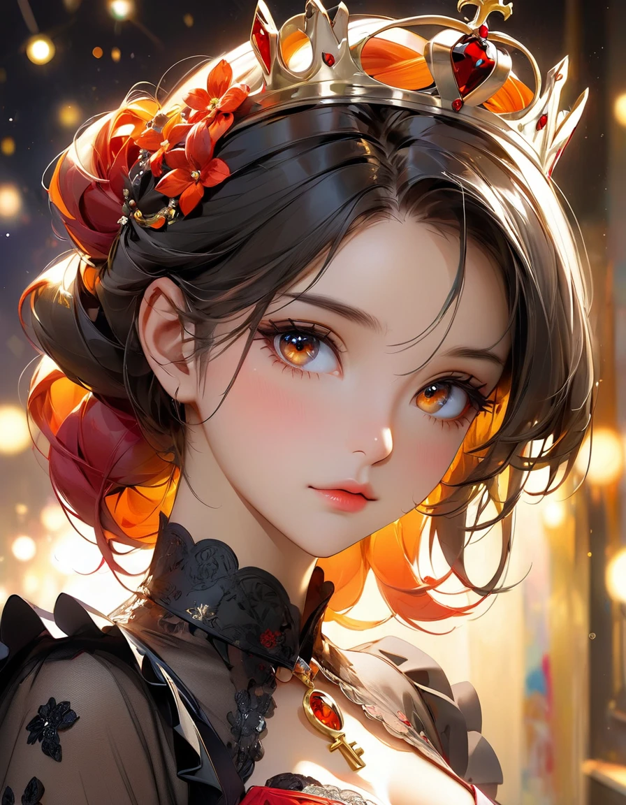 concept art by Pino Daeni, Jeremy Mann, Greg Rutkowski, Konstantin Razumov, Vladimir Volegov Realistic closeup portrait of a model 4k beautiful Arlequina picante sexy Sensual soft ONLY black diamond eyes orange and gold spirit, red threads, key light reflected in the eyes, red crown on the head, painted background, studio portrait, soft light, bezel lighting, shimmer in the eyes, bokeh background, picturesque, buff painting, (detailed faces:1. 3), (Detailed Eyes:1.3 8K,