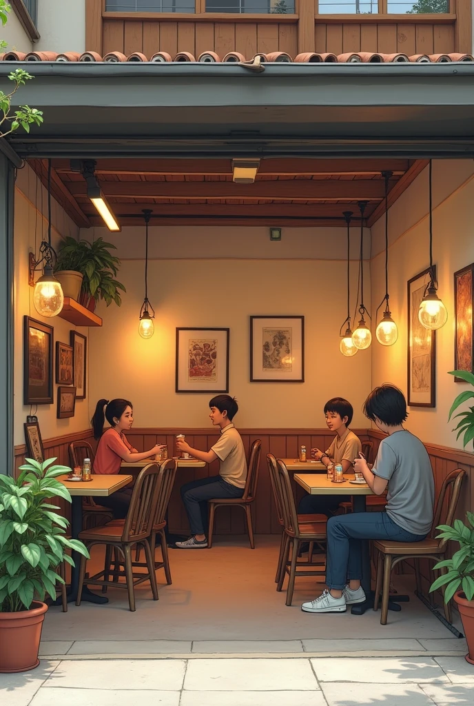 Give me a picture of a cafeteria in a garage at home that is not very big and is simple, not very modern, simpler with neutral colors like brown, beige, white, Light coffee 