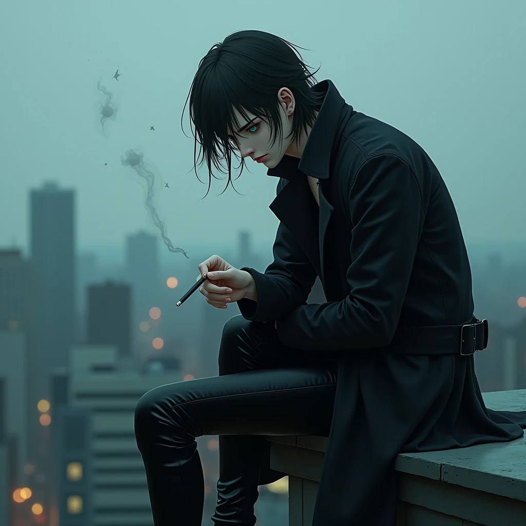 A sexy young male with teal blue eyes and long black hair, with a nice and delicate facial features, he is wearing a black trench coat and shiny black leather jeans. His skin is pale and white, and he's smoking a cigarette while leaning back on the edge of the rooftop. He is looking unhappy. (Male) (Black and purple) (Make it realistic) ((no facial hair)) ((no body hair)) ((gloomy atmosphere)) (smoky atmosphere)) ((masterpiece)) (gloomy) ((detailed)) ((not looking at the camera)) (((NO facial hair or body hair)) (He looks like he's about to jump)