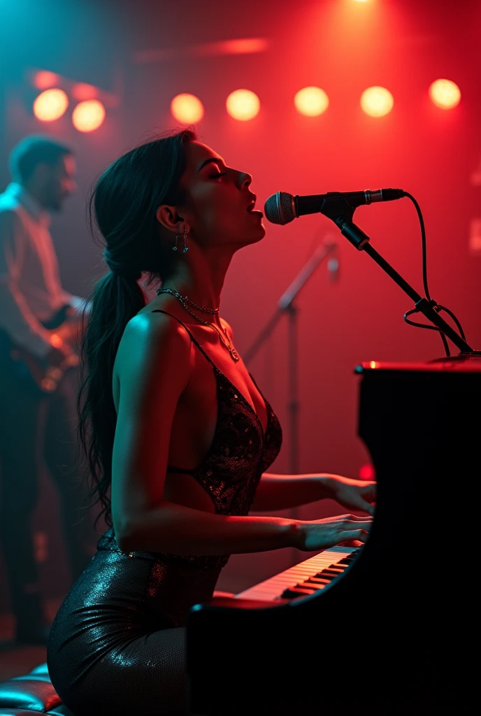 live music club,araffe woman in a bondage singing and playing a piano, a portrait by Wayne England, trending on cg society, arabesque, energetic jazz piano portrait, portrait sophie mudd, pianist, gorgeous woman, photo of the beauty gal gadot, portrait of gal gadot, zoë kravitz, ashteroth, promo image, advertising photo, promotional image