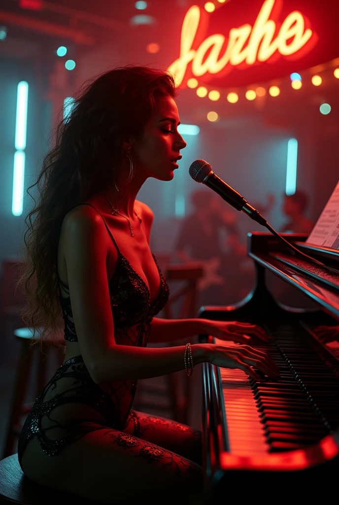 live music club,araffe woman in a bondage singing and playing a piano, a portrait by Wayne England, trending on cg society, arabesque, energetic jazz piano portrait, portrait sophie mudd, pianist, gorgeous woman, photo of the beauty gal gadot, portrait of gal gadot, zoë kravitz, ashteroth, promo image, advertising photo, promotional image