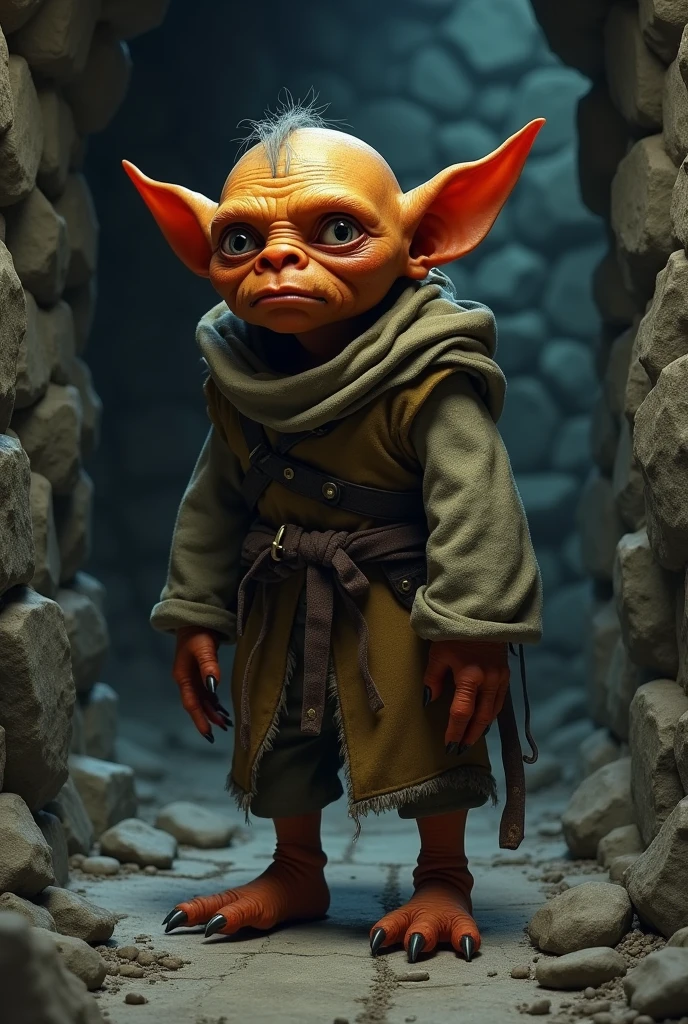 young, oranged-skinned, poorly dressed, (tattered clothes, medieval clothes) goblin stands in a dungeon. The goblin is acting as a slave with fear. The details of the goblin's tattered clothes are visible, showing its slave nature. The oranged skin of the goblin is vibrant, emphasizing its otherworldly appearance. the goblin is old, about 63 years old, has a sharp, oranged, sad face. The lighting in the scene is dim, with a subtle glow casting eerie shadows on the goblin's face and surroundings. The overall image quality is of the highest standard, with ultra-detailed textures and a photorealistic rendering. The artwork is depicted in a medium that best showcases its unique style and texture, whether it be an illustration, oil painting, 3D rendering, or photography. The color palette is dominated by dark tones, with a focus on various shades of gray to complement the goblin's sadness.