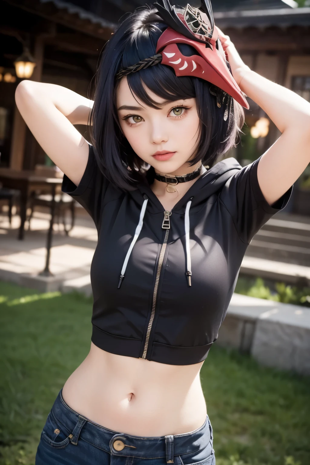 1girl, (long sleeved zip hoodie, long jeans, iron belt, boots), ((midriff, navel)), looking at viewer, fashion pose, (cinematic lighting, best quality, masterpiece, high details, best quality, highres, HD, 4K, 8k, super detail), (kujou sara:1.3, blue hair, short hair, yellow eyes, fingerless gloves)