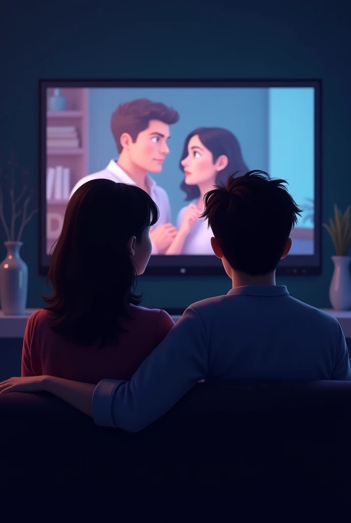 Create an image where two people a man and a woman Kiano and lady are watching/reacting to a drama
. Dark animated style With the Unscripted Screen logo on the screen they are friends

