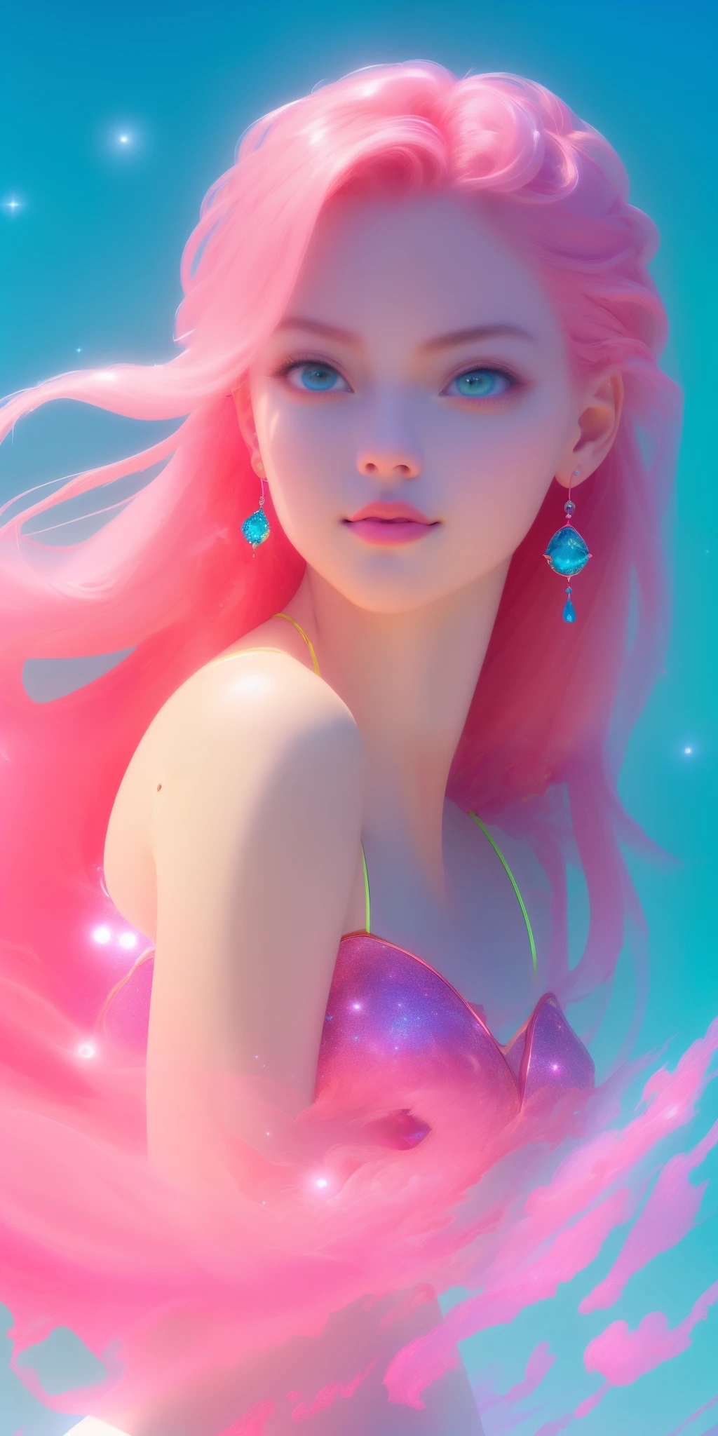 (best quality, ultra-detailed, photorealistic: 1.39), bright and vibrant colors, studio lighting, Red moon, sky shooting stars, soft azure clouds, sparkling, sparkling neon green ocean waves, pink roses in the pink ocean, fantasy, diamond, crown, universe, soft lights, sparkling eyes, cute biquini