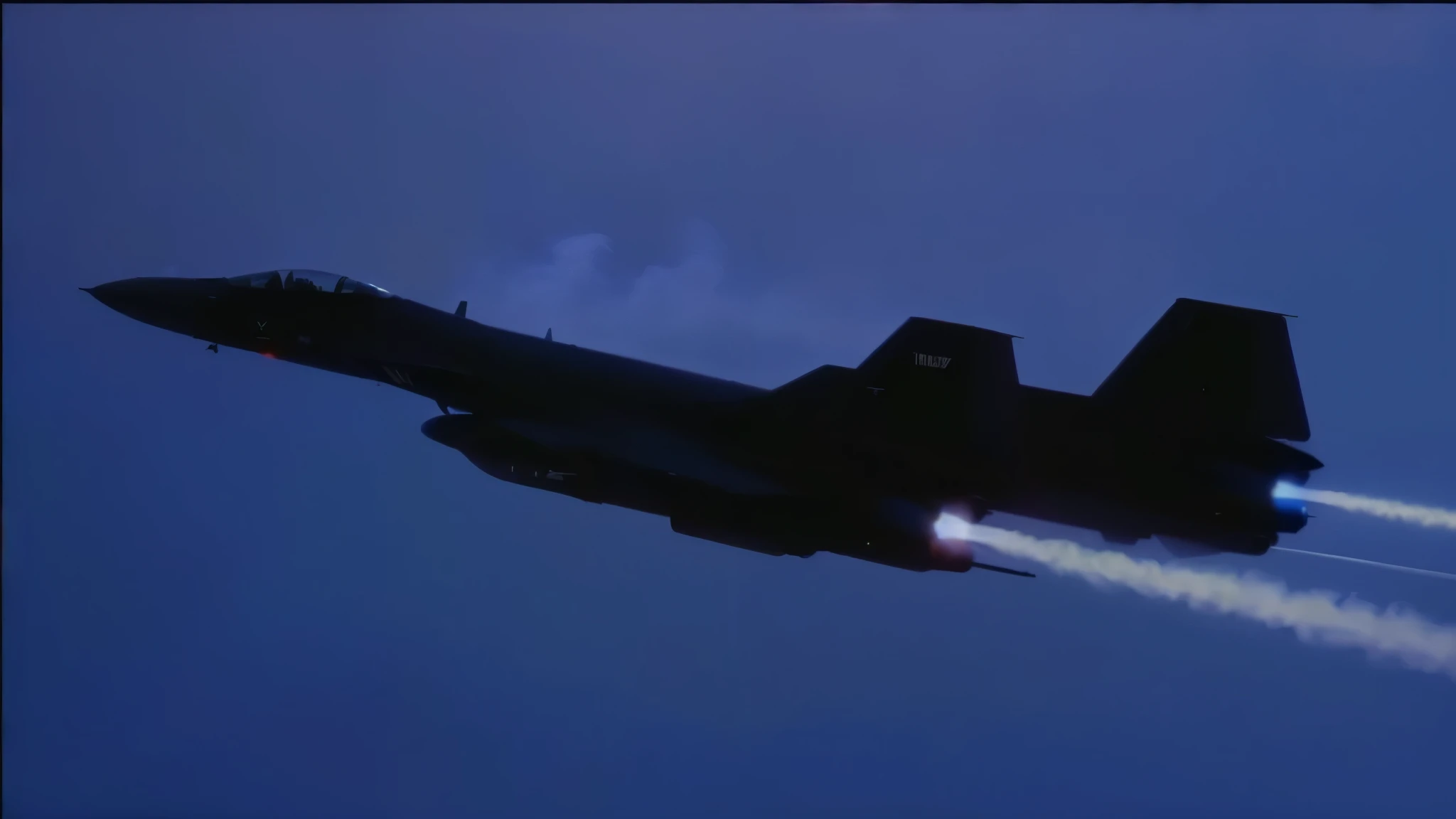there is a jet flying through the air with smoke coming out of it, screenshot from the 1983 film, b - 2 bomber, top secret space plane, fighter jet in flight, Lockheed SR-71 Blackbird, lasers in mid flight, hight focus f - 2 2, fighter jet, missiles, jet fighter background, spaceship flies in the distance,