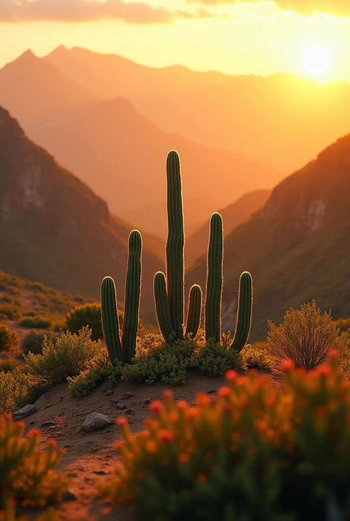 An image of northeastern Brazil with 8 small cacti and vegetation from the region, at sunset with mountains with orange and brown tones, without people