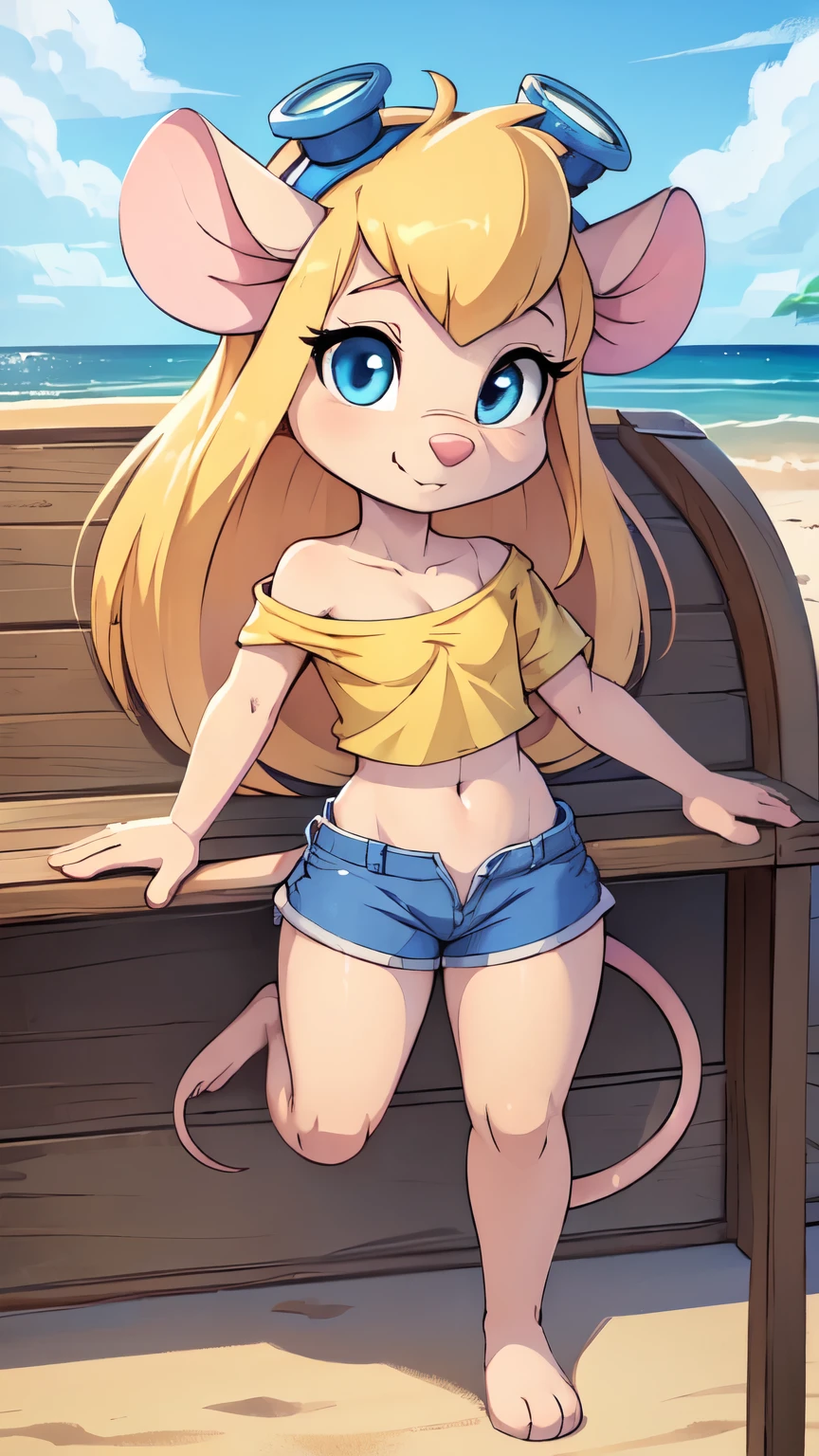 Score_9,score_8_up,score_7_up, source_cartoon, source_furry, Gadget Hackwrench, young, mouse, blonde hair, long hair, narrowed eyes, blue eyes, pink nose, body fur, small breasts, detailed body fur, detailed face, detailed eyes, glistering body, shiny body, gorgeous body, masterpiece, high quality, ((goggles, yellow shirt, one shoulder, midriff, blue shorts)), beach, clear sky, skinny, :3, full body, feets with three toes, 3 toes, short body, tiny body, cute, anime style, thicker lines,
