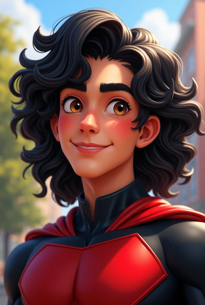 The panel of a male character, black curly hair and long to the nape of the neck, brown eyes and smiling, he is a superhero, He is a young boy of about 17 or 18 years old, His superhero costume is red and black.