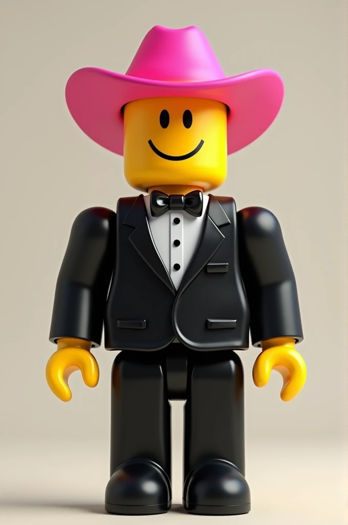 A yellow roblox doll,with pink cowboy hat and black suit