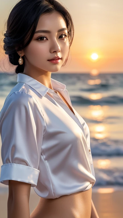 masterpiece, best quality, Practical, Very detailed, Finer details, high resolution, 8k wallpaper, A beautiful woman, Wear an elegant silk shirt,Stand by the sea in the sunset , black hair, Perfect dynamic composition, Pretty and beautiful eyes、Small earrings、Chest,Clear background,Rich in details