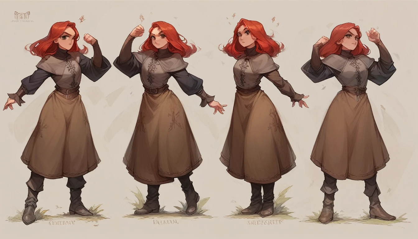 Concept art, girl, red hair, big breasts, housewife, peasant clothes, brown pants, black boots, full body pose