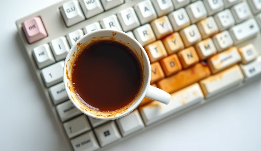 cup of coffee spilled on top of a white mechanical keyboard, real image as if it were a photograph
