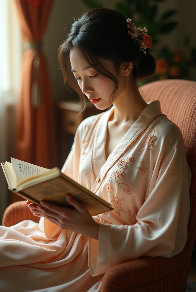 In an elegant home、Wearing an embroidered silk nightgown、A Japanese woman quietly enjoying reading。