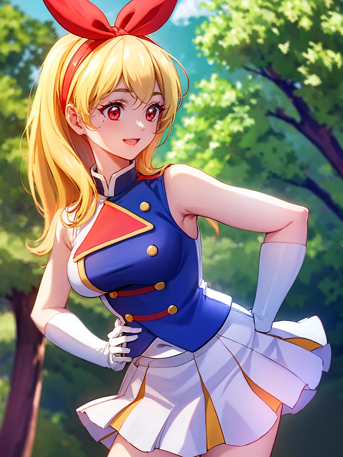 (red ribbon on hairband:1.2),masterpiece, best quality, highres, 1girl, solo, Blonde hair, RED eyes, mole under eye, band uniform, sleeveless, white gloves, pleated skirt, knee boots, cowboy shot, hand on hip, smile, open mouth, outdoors