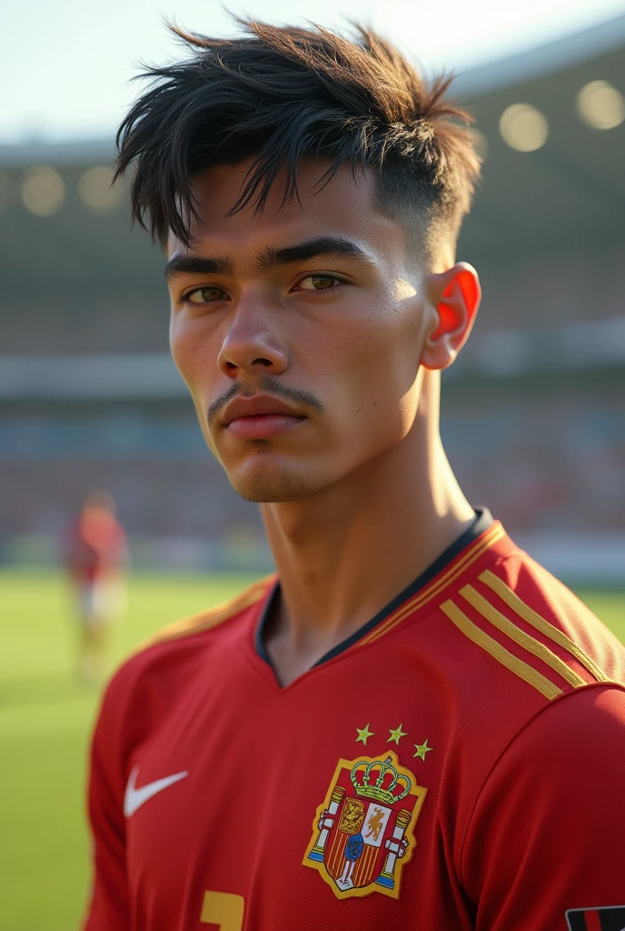 Joueur de foot espagnol de 17ans Taille : 1m86 Poids : 68kg physique : Visage : normal Carnation : métisse Yeux : marrons Sourcils : peu epais Nez : petit Bouche : normale Pommettes et mâchoire : carrés Menton : normal Oreilles : normal Cheveux : mid taper noir Pilosité : légère moustache