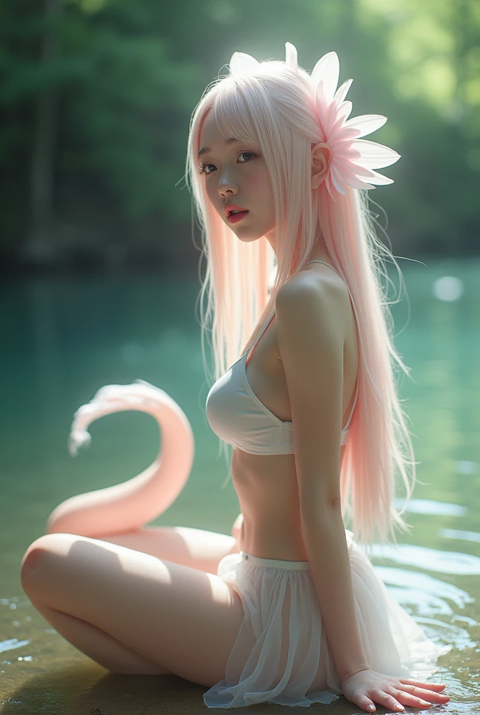 (realistic type image) a Japanese girl with long, almost white pink hair. She has three Axolotl gills on each side of her head and wears a white bikini with a transparent dress coming out of the top of the bikini.. The girl has the tail of an Axolotl, that is to say, like that of a tadpole (long tail with a translucent membrane on top) almost white pink color. The girl's hair covers one of her eyes. The girl is on the bank of a river and apart from her bikini she is wearing a translucent dress. The most important thing is the pink gills on its head.