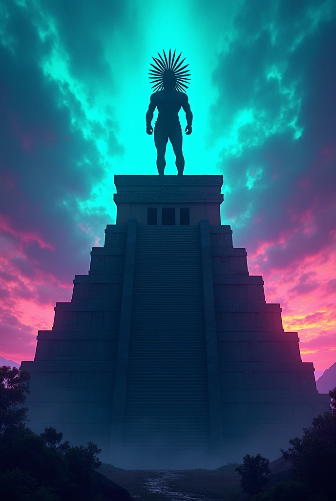 Medium Mayan pyramid inside Mayan warrior silhouette with neon blue and green sky