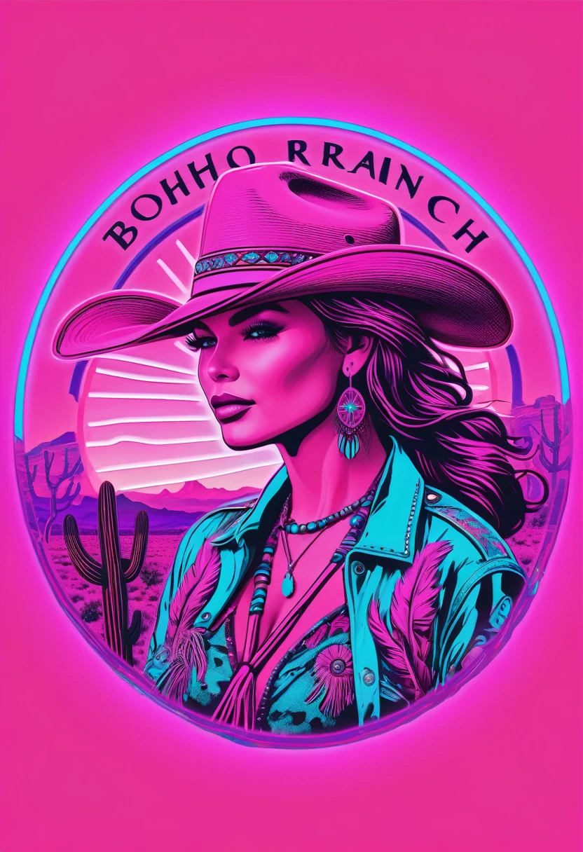 Sales logo for the company Boho Ranch Network. in neon pink, lilac, neon blue, with imagery of cowgirl, western, bohemian, desert theme