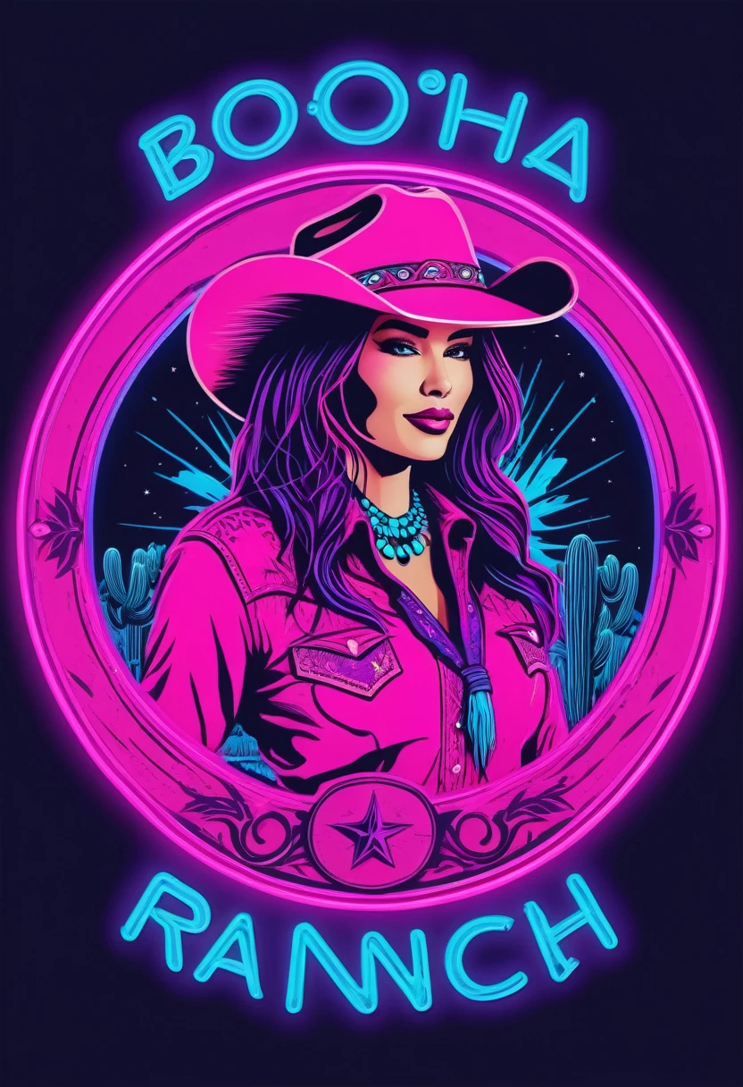 Sales logo for the company Boho Ranch Network. in neon pink, lilac, neon blue, with imagery of cowgirl, western, bohemian, desert theme