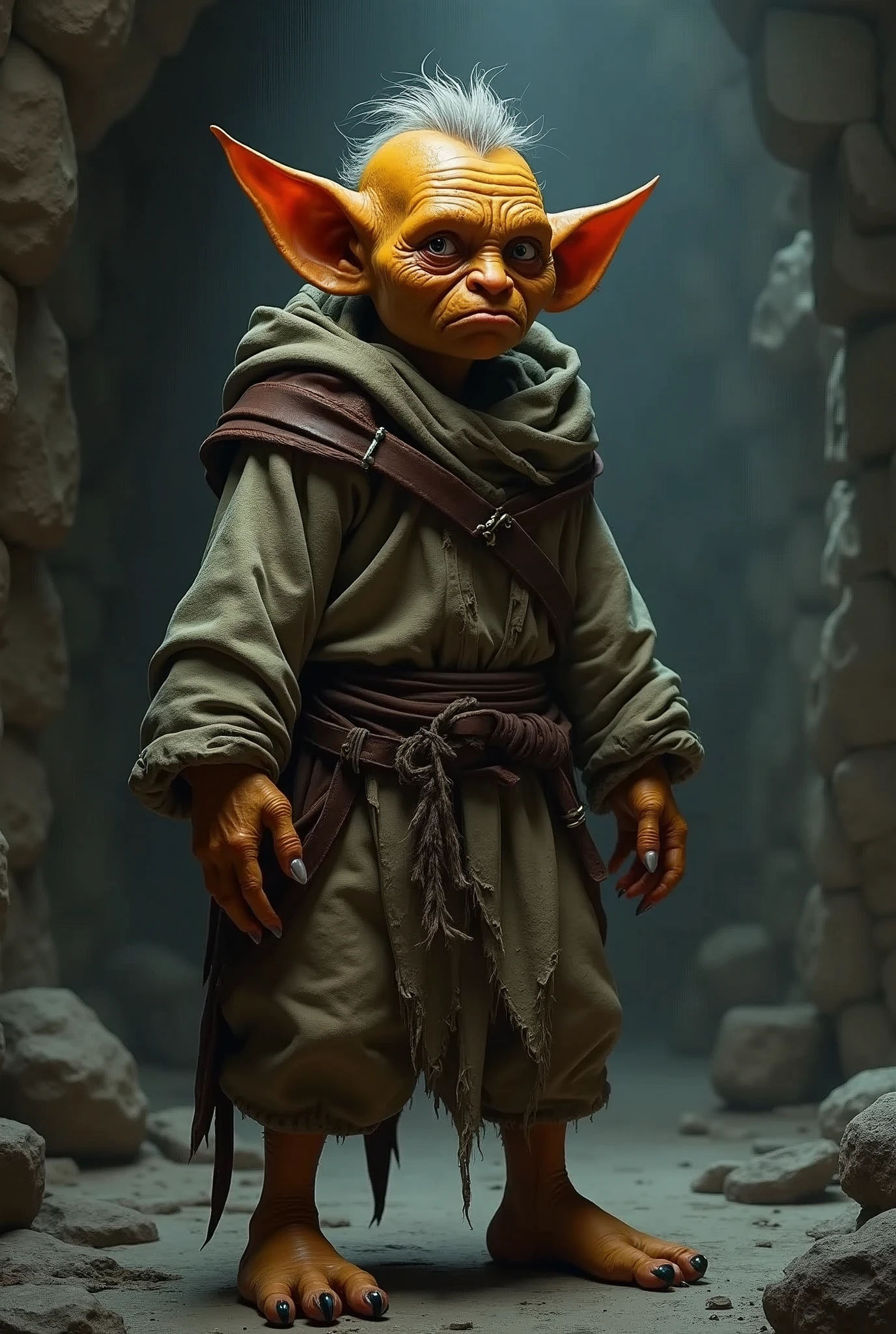 young, oranged-skinned, poorly dressed, (tattered clothes, medieval clothes) goblin stands in a dungeon. The goblin is acting as a slave with fear. The details of the goblin's tattered clothes are visible, showing its slave nature. The oranged skin of the goblin is vibrant, emphasizing its otherworldly appearance. the goblin is old, about 63 years old, has a sharp, oranged, sad face. The lighting in the scene is dim, with a subtle glow casting eerie shadows on the goblin's face and surroundings. The overall image quality is of the highest standard, with ultra-detailed textures and a photorealistic rendering. The artwork is depicted in a medium that best showcases its unique style and texture, whether it be an illustration, oil painting, 3D rendering, or photography. The color palette is dominated by dark tones, with a focus on various shades of gray to complement the goblin's sadness.