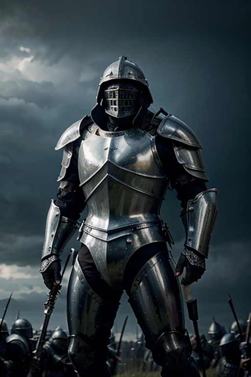 a giant knight in heavy armor, intricate medieval armor, amazing detailed armor, incredibly detailed knight, massive knight, detailed battle scene, 100 soldiers with weapons, army of soldiers, soldiers with weapons, intense battle, dynamic battle, epic battle, dark cloudy sky, dramatic lighting, moody lighting, muted colors, gritty atmosphere, cinematic composition, hyper-detailed, masterpiece, ultra-detailed