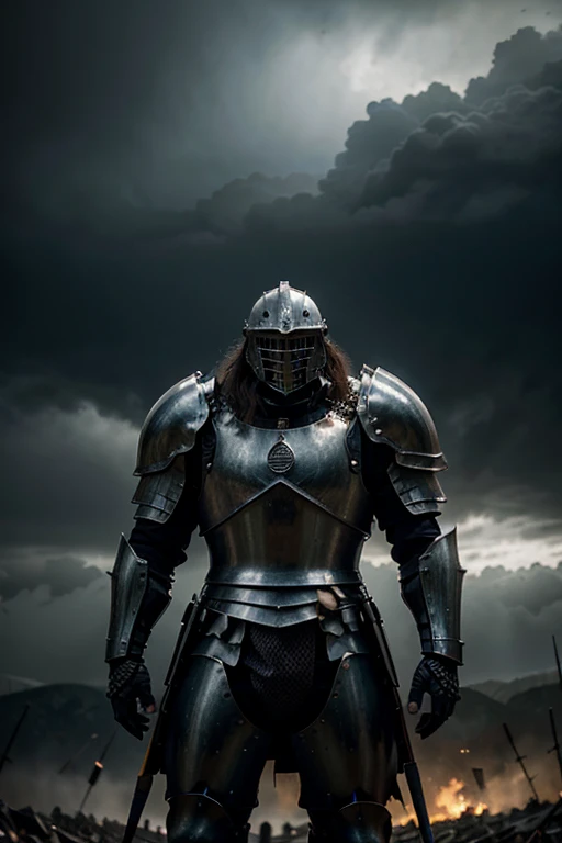 a giant knight in heavy armor, intricate medieval armor, amazing detailed armor, incredibly detailed knight, massive knight, detailed battle scene, 100 soldiers with weapons, army of soldiers, soldiers with weapons, intense battle, dynamic battle, epic battle, dark cloudy sky, dramatic lighting, moody lighting, muted colors, gritty atmosphere, cinematic composition, hyper-detailed, masterpiece, ultra-detailed
