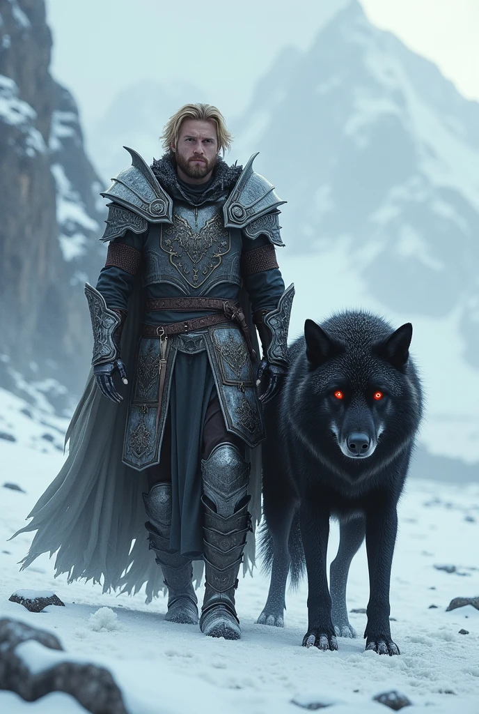 Blond man with semi-short hair in medieval armor and a giant black wolf with red eyes at his side in a snowy environment
