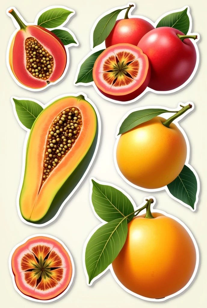 Sticker sheet with papaya, red guava, yellow passion fruit, open persimmon mango