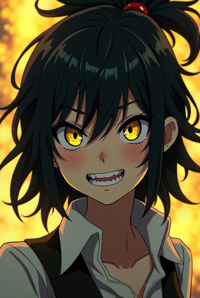 My hero academia character, Girl, black hair, medium short layered, eyebrow piercing, dark yellow eyes, with a yellowish aura around him and a fanged smile, pale skin