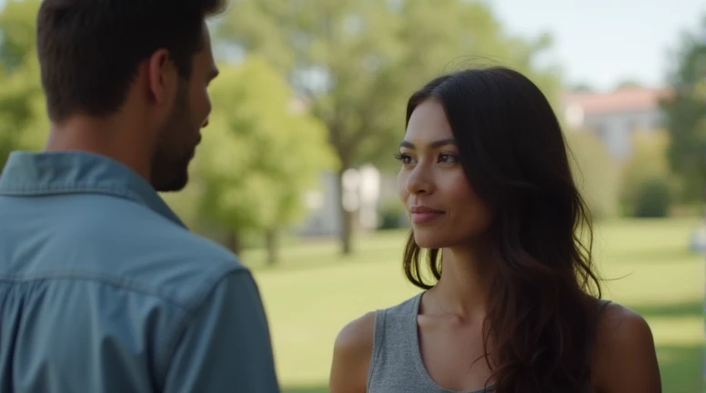 Back woman, talking to a man