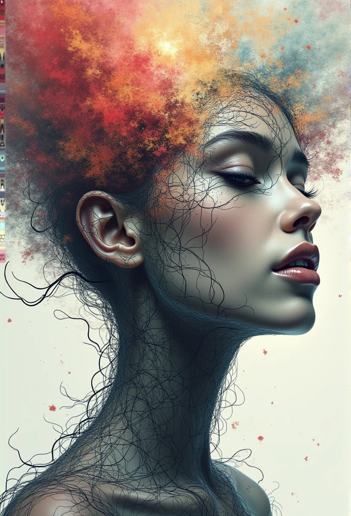I AM A WORK OF ART THAT COMBINES DIFFERENT WORLDS A PERFECT FRONT-FACED PORTRAIT OF DIFFERENT RACES THAT SEES EVERYTHING AND USES ALL THE ELEMENTS OF OTHER WORLDS surreal that IS the abstract form of a beautiful woman. His figure is composed entirely of intertwined SURREAL CHAOS that come in and out, forming A BODY FROM ANOTHER WORLD. THINGS vary in thickness, some daring and others fine, creating a sensation of depth and movement, reveals a serene and hopeful expression. The background is a dreamlike swirl of soft pastel colors that blend seamlessly with the lines., suggesting an otherworldly landscape. Subtle touches of light radiate from its shape, symbolizing hope and inner strength, as if emerging from chaos into a world of possibilities. The overall effect is both delicate and powerful., and captures the essence of beauty and hope in an abstract and surreal style. NOTABLE DEPTH OF FIELD RULE OF THIRDS 24K PHOTOSHOP-LIKE FINISH COMBINES BLACK AND WHITE WITH BRIGHT COLORS