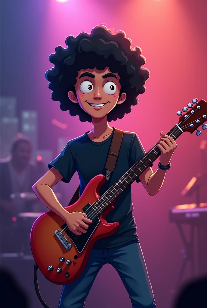 A young man with curly black hair.,playing cartoon style guitar at a concert
