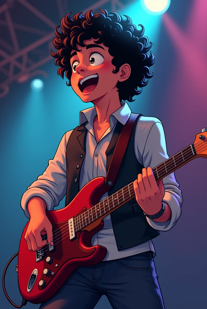 A young man with curly black hair.,playing cartoon style guitar at a concert