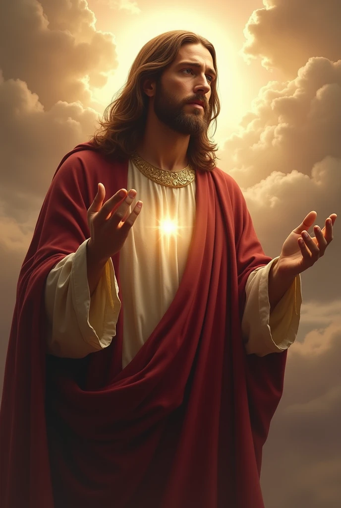 (photorealism:1.2), handsome Jesus Christ, crying while praying in the clouds, wearing maroon king clothes with  light in his head and heart spreading all over in the clouds, perfect Jesus Christ, real Jesus Christ, perfect five hands, perfect crying face, elegant, soft lighting, many clouds, stand straight, realistic, intricate details, warm colors, by Earl Cornelio Necor