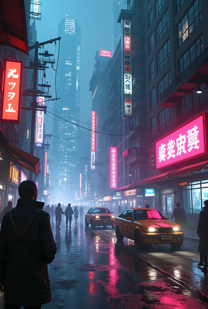 Create a gritty, [adjectives] cyberpunk digital art scene set in futuristic [cityscape or setting] populated with [humanoid characters, robots, vehicles]. Feature prominent neon lighting, holograms, and high-tech elements portrayed in [photorealistic or anime style].