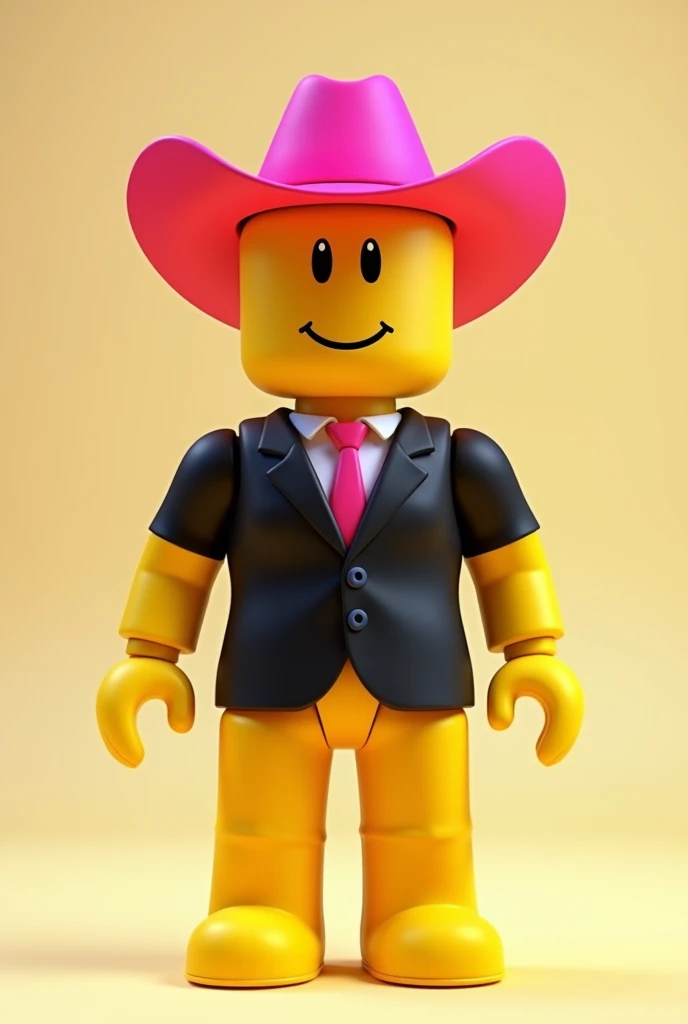 A yellow roblox doll,with pink cowboy hat and black suit 