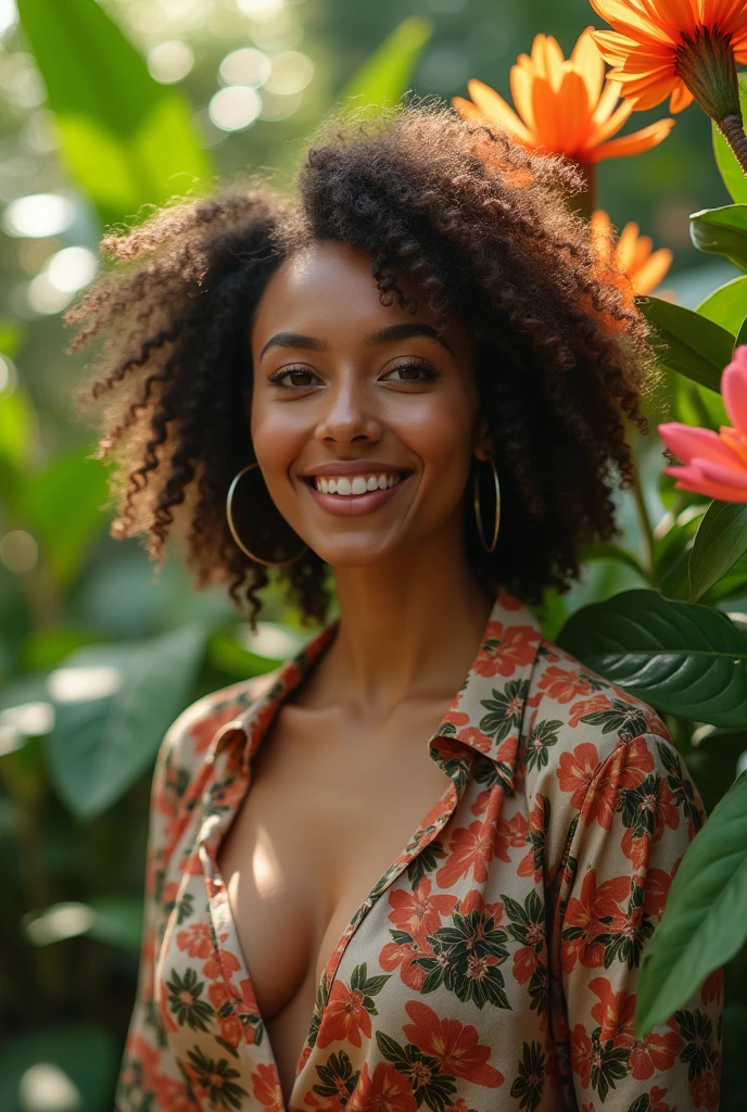 A Brazilian woman in a lush tropical garden, wearing an open shirt with a floral print, with a close-up capturing the harmonious beauty between her breasts and the natural flowers, showing off your natural charm and outgoing personality.