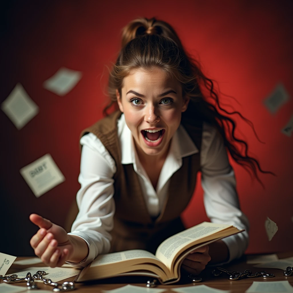 Dynamic and dramatic portrait-style image featuring a young woman with light skin and long, wavy brown hair tied back in a ponytail. She has a determined expression on her face, with furrowed brows and slightly parted lips. She is dressed in a white, long-sleeved shirt with a brown vest over it, and she appears to be in motion, reaching out with one hand while holding an open book in the other. The background is dark and blurred, with pages and papers flying around, adding to the sense of action and urgency in the scene. "A highly realistic person breaking chains with an expression of relief, standing amidst scattered debt papers on the ground. The background is a vivid red, featuring graphics of debts and broken chains. The scene is dynamic and powerful, emphasizing liberation from financial burdens. The image is in 4K resolution, with sharp details and a vibrant color palette, ensuring the person and all elements look entirely lifelike."