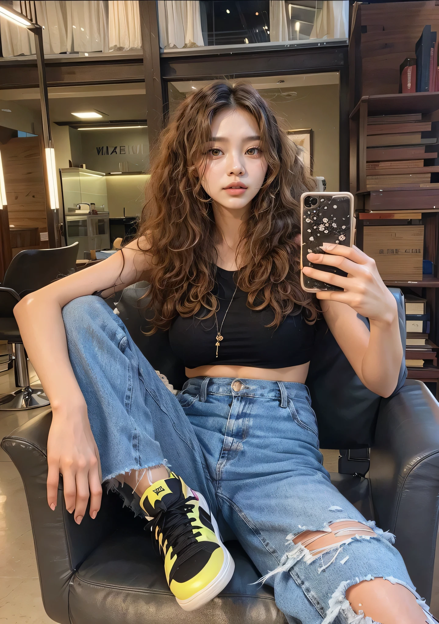 work of art, superlative, realisitic, A beautiful Asian woman, jennie kim, cabelo cacheado, cachos bonitos, corpo bonito, colorido, HD, photographic lighting, 16K 
