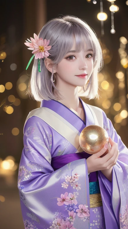 (masterpiece:1.3), (8k, Realistic, RAW Photos, Highest quality:1.4), (One Girl), Beautiful Face, (Realistic Face), Pure look、A kind smile、Gentle expression(Short Hair), (Silver Hair, Close to gray hair, Shiny Hair, Beautiful straight hair), (Bangs too), (Sharp bangs), Straight Hairstyles, Realistic eyes, Beautiful attention to detail (Purple eyes), (Sharp eyes), (Realistic Skin), Beautiful Skin, (White-based kimono), (magician's 着物), (Flower Hair Ornaments), Charm, Ultra-high resolution, Ultra-realistic, Very detailed, Golden Ratio, Colorful background, Beautiful full moon background (Energy Dance Background), magician, Look forward, Looking straight ahead、 Keep your shoulders facing forward, Holding a pale pink crystal ball in both hands in the center of the chest, Heart crystal ball