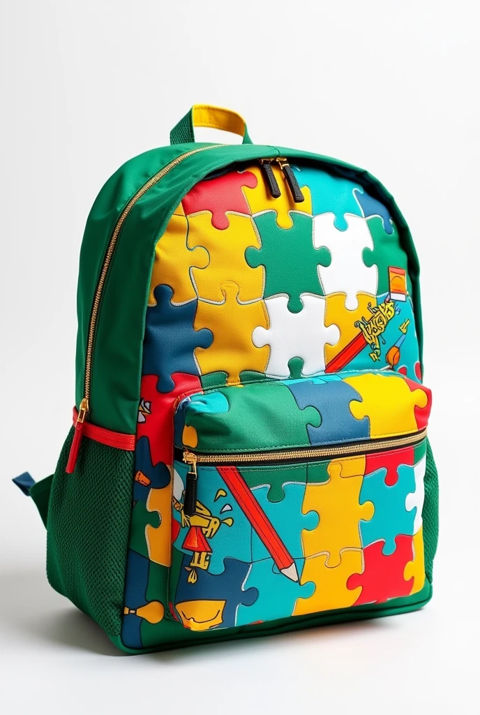 It isscudo escolar com as cores verde, yellow, cerulean, white and red, with colorful puzzle figures, Pencil, book and cap. It isscrito U.It is.B Professor Denise Gonçalves Cordeiro 